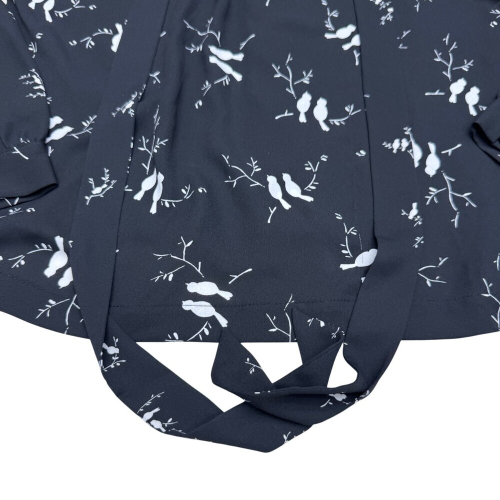 Loft Women's Black White Bird Pattern Puff Sleeve Blouse Top, Size XSP - Picture 3 of 9